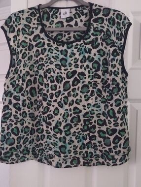 cabi Green Leopard Print Tank with Black Trim